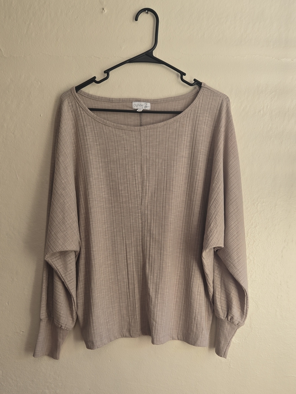 Olivia Sky Taupe Ribbed Balloon-Sleeve Long Sleeve Tee